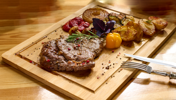 Beef Entrecote steak, baked potatoes, grilled vegetables