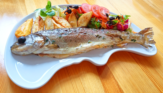 Roasted trout in herbs with baked potatoes and salad